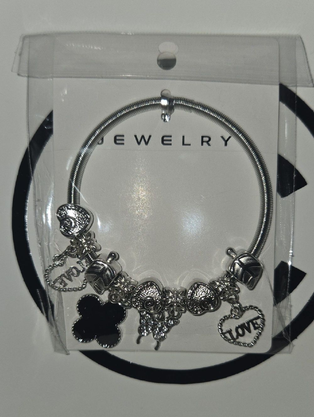 Silver Charm Bangle Bracelet with Hearts & Love Charms -  Black Clover